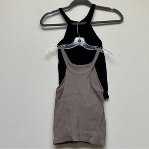 Murmuring Ribbed Halter Tank Top Set Black Taupe Built-In Bra Cami Size F
